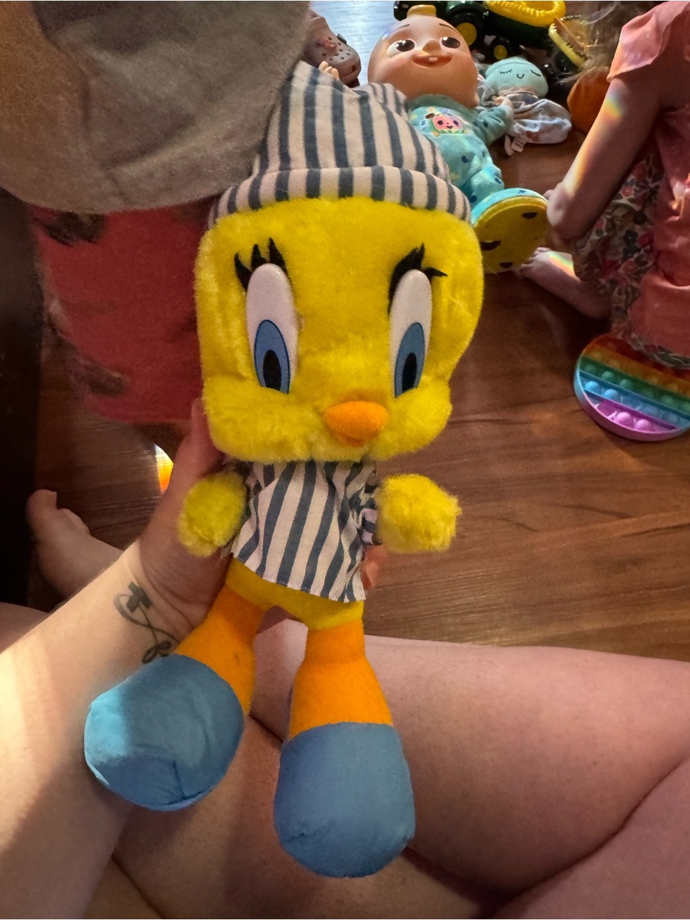 Warner Bros. Tweety Plush in Yellow, Blue and Orange with Striped Pajamas